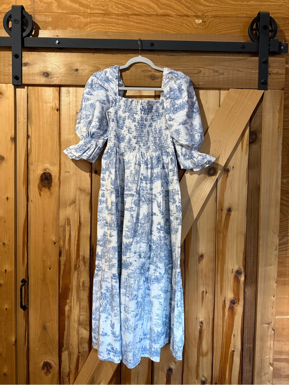 Tumi Blue and White Toile Maxi Dress with Smocked Bodice